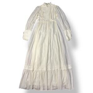 Candi Jones California Vintage 70s Cream Lace Trim Prairie Wedding‎ Dress Size S